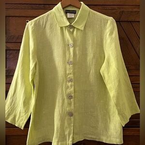 Harve Benard Linen Button Down Top Yellow Green Quarter Sleeve Top Blouse Sz 10